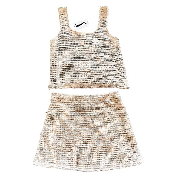 NEW blue b Cream Crochet Allover Shell Seashell Crystal Tank Top Mini Skirt Set - Picture 5 of 5